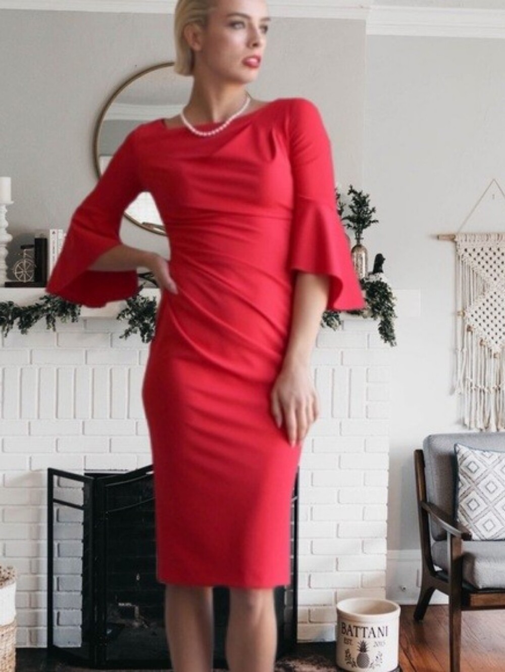 Joseph Ribkoff Lipstick Red Draped Midi Dress with Bell Sleeves